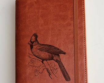 engraved Cardinal bird Journal  leather bound with elastic strip