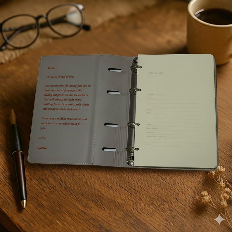 May include: A gray ring binder with a four-ring metal mechanism, featuring a printed message on the left interior and a light green page with lines and text on the right. The binder is open, displaying a personal note in red text.