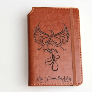 laser engraved phoenix Journal with custom quote or custom text leather bound with elastic strip badge emblem