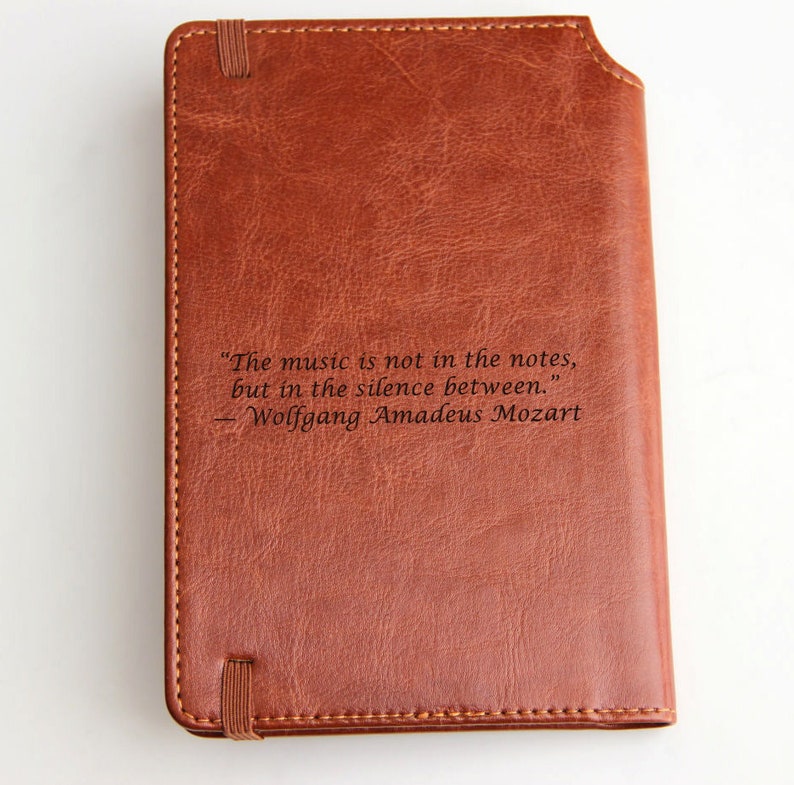 Personalized engraved Music Notes Journal with custom quote or custom text leather bound with elastic strip Mozart quote Music is not in the image 3