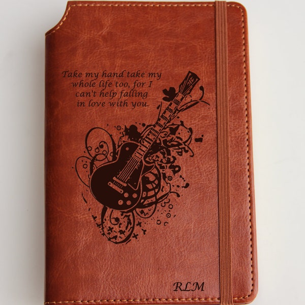 Guitar Journal  from your photo with custom quote or custom text leather bound with elastic strip fully customizable journal