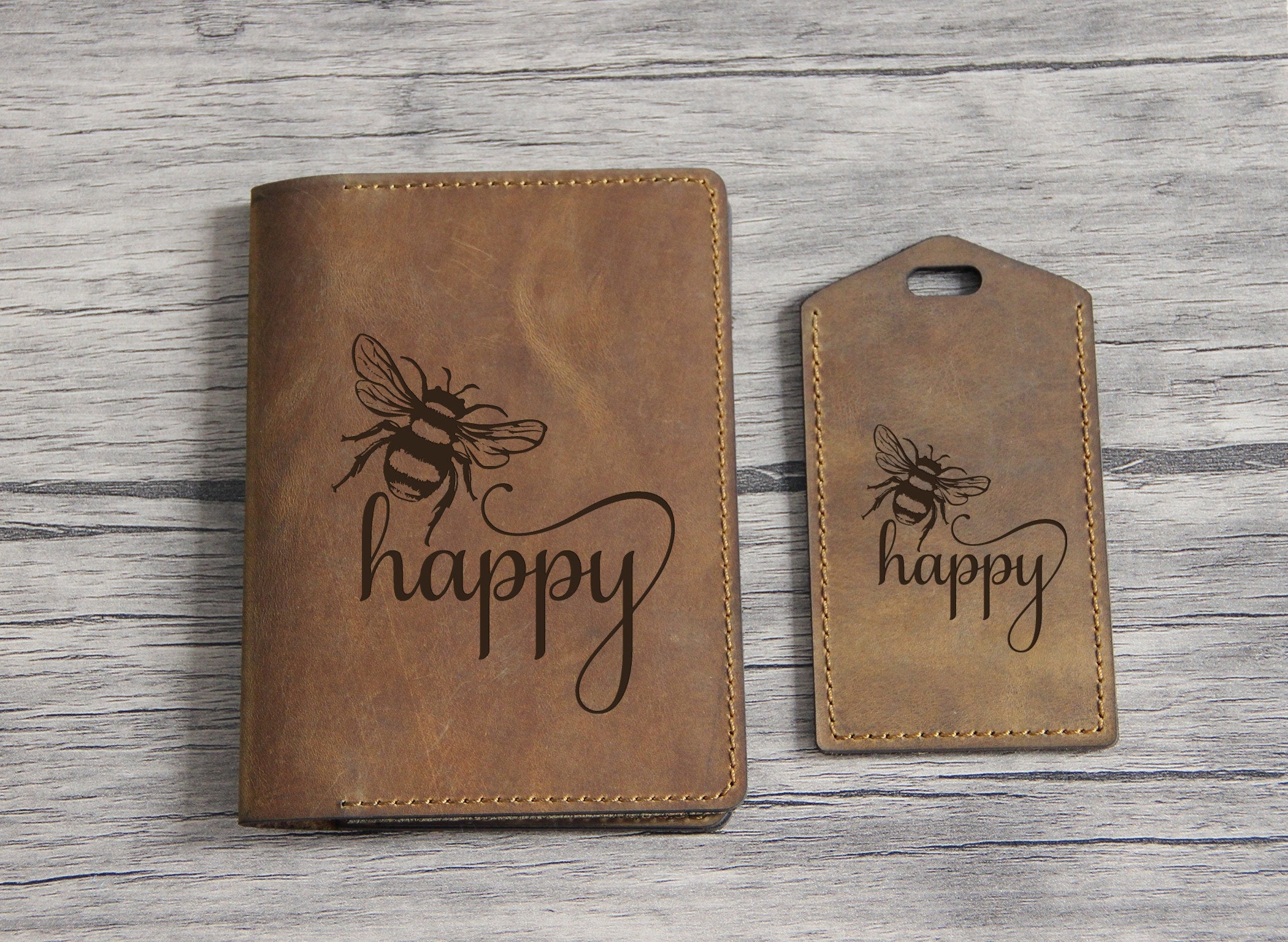 Custom  Bee Happy luggage tag and passport cover holder laser engraved genuine crazy horse leather bee illustration