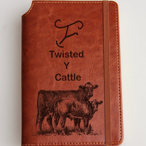 Personalized leather journal cow and calf  illustrated journal, leather bound, elastic strip with the same color cattle records