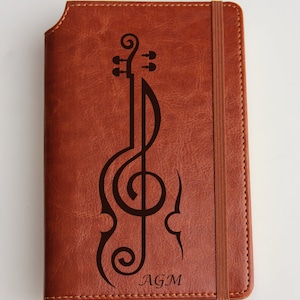 Music notes guitar treble Journal with custom quote or custom text leather bound with elastic custom  poster print inside first page