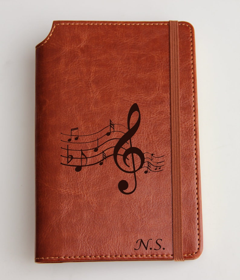 Personalized engraved Music Notes Journal with custom quote or custom text leather bound with elastic strip Mozart quote Music is not in the image 4