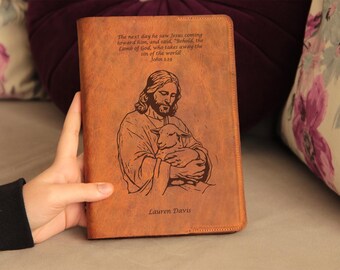 Custom Laser Engraved Leather Bible Cover, Jesus Lamb Art, Personalized Name