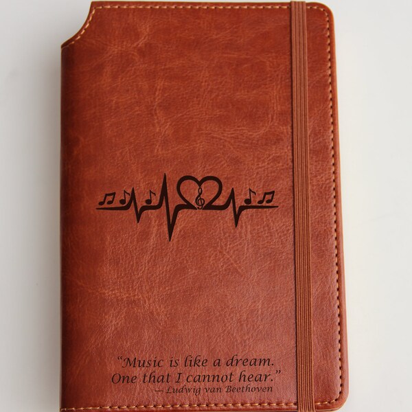 Personalized engraved Music Notes Pulse Journal with custom quote or custom text leather bound with elastic strip