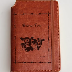 Personalized  Journal from your Illustration  laser engraved Journal  leather bound with elastic strip cattle farm journal