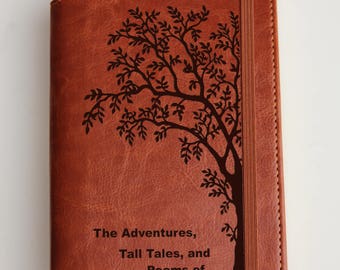Fully Customizable engraved Custom Order Tree Logo Journal with custom quote or custom text leather bound with elastic strip