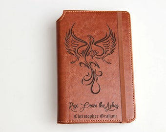 laser engraved phoenix Journal with custom quote or custom text leather bound with elastic strip badge emblem