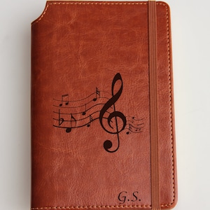 Personalized engraved Music Notes Journal with custom quote or custom text leather bound with elastic strip Mozart quote Music is not in the image 1