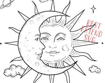 Sun moon face svg print, instant download celestial face pendant silhouette, sun moon face mask vector design, moon digital clipart