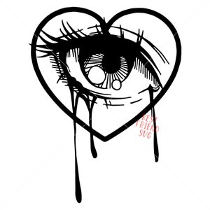 Puede incluir: Ilustración en blanco y negro de un ojo llorando dentro de una forma de corazón. Las lágrimas gotean del ojo.