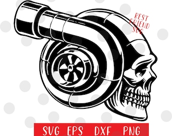 Skull Turbo charger Logo SVG Design Mechanic Car Racing Motorcycle Auto Car Garage Shop Speed Power Motor Turbo Charger SVG Cut Eps Dxf PNG