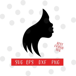 Può includere: Silhouette nera di un viso di donna con i capelli che le scendono lungo la schiena. Il testo "BEST FRIEND SVG" è sotto la silhouette.