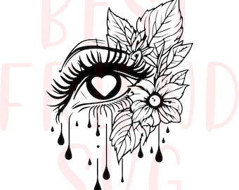 Crying Eye with Flowers and Leaves Svg, Eye Svg, Png, Dxf, Eps, cry, Heart, Tattoo Style, Wall Art