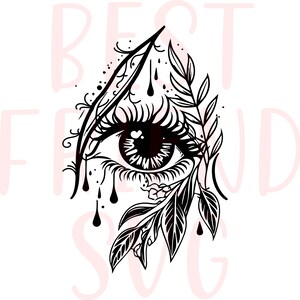 May include: Black and white illustration of a stylized eye with eyelashes and leaves. The eye is surrounded by a triangle shape with dripping drops of liquid.