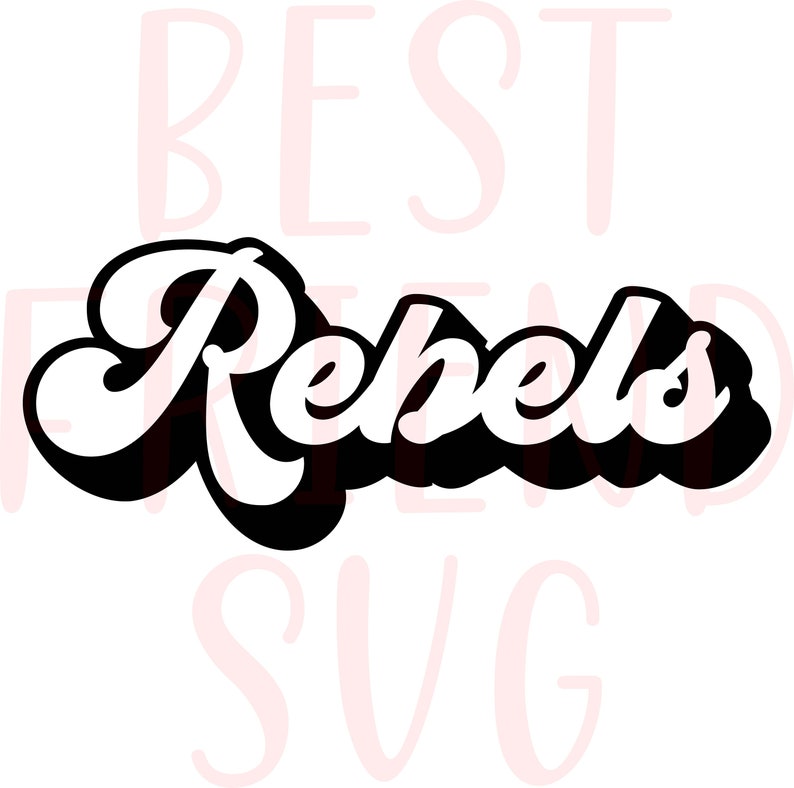May include: Black and white graphic design of the word "Rebels" in a retro, stylized font.
