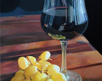 Still life with grapes, Hyperrealistic Art, Canvas Painting, Food Art, Fruits, Original Oil Painting, Certificate attached, Made to order