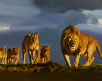 Made to order, Wild cats painting, Lions painting, Lions familly, Animal portrait, Large painting, Hyperrealism, Certificate, 23.6 x 35.4 in