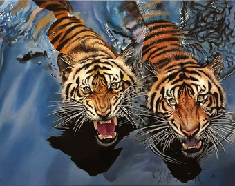 Swimming Bengal Tigers Painting, Original Oil on Canvas Wall Decor Hanging, Hyperrealistic Animal Portrait, Wild Cats, Water Reflections