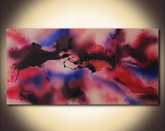 Pintura abstracta original de gran formato, arte contemporáneo en lienzo rojo y azul, 24 x 48 pulgadas