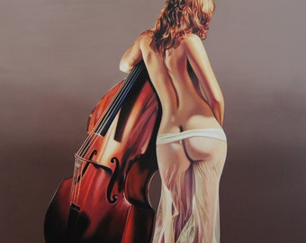 Nude with a Double  Bass, Original Oil Painting, Canvas Painting, Woman Portrait, Figurative Naked woman, Nude woman, Erotic, Made to order