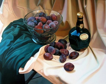 Martwa natura ze śliwkami, oryginalny obraz olejny, sztuka hiperrealizmu (19,7 x 27,6 cala)