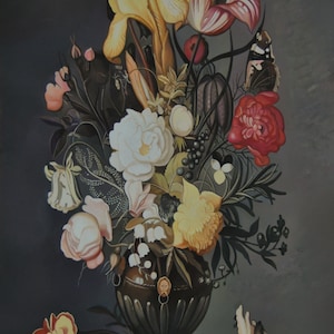 Still life, Oil on Wood Painting, Original and Handmade Art, Flower  painting , Bunch of flowers, Roses painting, Tulips, 31.5 x15.7 in