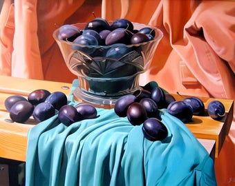 Still life with Plums, Oil on Canvas, Bowl with plums, Food painting, Fruits painting, Certificate, Hyperrealism, Commission , 19.7 x 27.6in