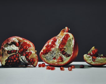 Still life with Pomegranate, Fruit Painting, Original Oil on Canvas Art, Ready to Hang, Hyperrealistic Artwork, Food, Realism, Made to Order