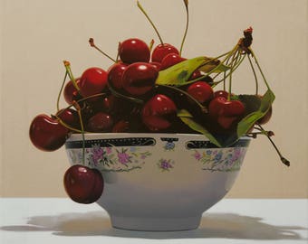 Still life with cherries, Oil on Canvas Painting ,Original and Handmade Art ,Fruit, Certificate Attached by Valeri Tsvetkov