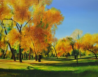 Autumn Landscape, Trees Painting, Autumn Leaves, Sunny Landscape, Sky, Grass, Yellow landscape, Impressionism, Ready to hang, Wall Decor