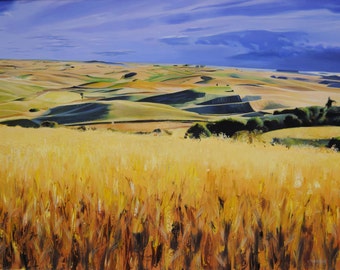 Wheat painting, Landscape painting, Wheat fields, Canvas painting, Original  Art, Certificate, Realism Art, Nature, Sky, 22 x 31.1 in