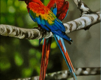 Parrots Painting, Birds, Animal Portrait, Tree, Realism, Hyperrealism, Wall Art, Canvas Painting, Red, Blue, Green, Leaves, Nature