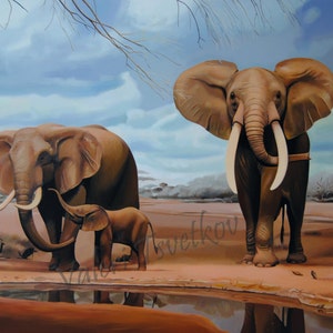 Elephants Original Painting, Animal Portrait, Wild animals, Water painting, Home decor, Landscape whit animals, 15.7 x 23.6in