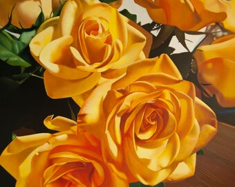 Yellow Roses Painting, Floral Fine Art, Nature, Flowers, Orange, Garden Plants, Wall Decor Floral, Hyperrealism, Green, Gift Idea, Canvas