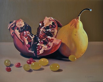 Still life with a Pear and Pomegranate, Hyperrealism, Canvas Painting, Food Art, Fruits, Original Oil Painting, Home decor, Certificate