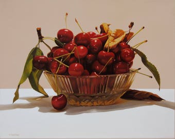 Still life with Cherries, Oil on Canvas Painting, Original and Handmade, Fruit, Hyperrealistic Art, Certificate Attached, Made to order