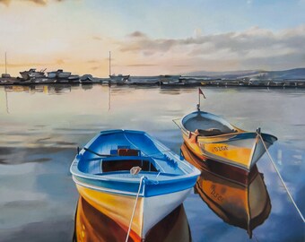 Landscape With Boats, Water Reflections, Seascape, Sunset, Sunrise Painting, Colorfull, Waves, Clouds, Sky, Orange, Blue, Hyperrealism Art