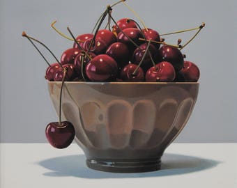 Still life with cherries, Oil on Canvas Painting, Hyperrealism, Original and Handmade Art, Fruit, Certificate Attached, Made to order