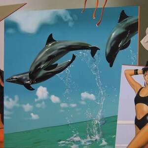 Memory of summer, Oil on Canvas Painting, Dolphins, Original and Handmade Art, Woman portrait, Animals, Certificate Attached, 19.7 x 27.6 in