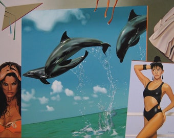 Memory of summer, Oil on Canvas Painting, Dolphins, Original and Handmade Art, Woman portrait, Animals, Certificate Attached, 19.7 x 27.6 in