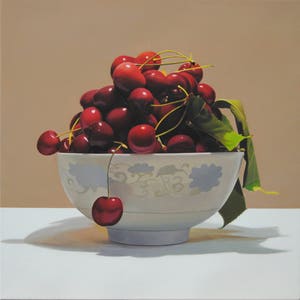 Bodegón hiperrealista con cerezas, pintura al óleo sobre lienzo, arte original y hecho a mano, pintura de frutas, arte gastronómico, certificado