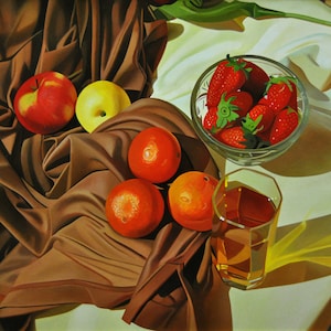 Still life with Strawberies, Fruits Art, Realistic Food  Painting, Ready to Hang, Canvas Painting, Original, Bowl with Fruits, Read Food