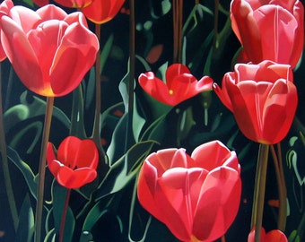 Red Tulips, Flower Painting, Red Flower, Woman's gift,  Made to order, Canvas Painting, Hyperrealism Painting, Realism, Certificate Attached