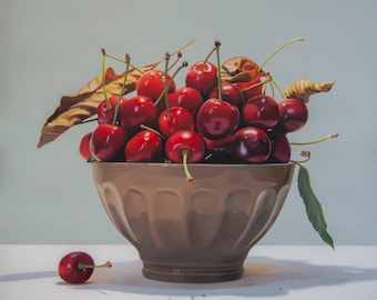 Still life with cherries IV, Oil on Canvas Painting ,Original and Handmade Art, Fruit, Food Art, Cherry, Certificate Attached  ,19.7x19.7 in