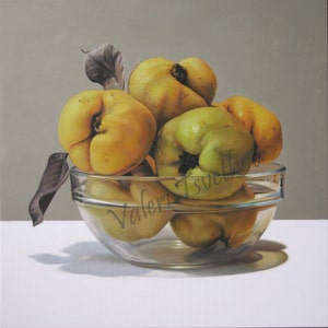 Still life, Original painting, Quinces painting, Basket, Hyperrealism Art, Realistic, Food painting, Fruit painting, Wall art, 19.7 x 19.7in