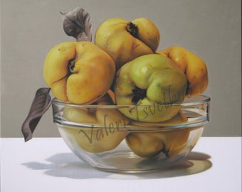 Still life, Original painting, Quinces painting, Basket, Hyperrealism Art, Realistic, Food painting, Fruit painting, Wall art, 19.7 x 19.7in