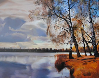 Landscape Painting, Canvas Painting, Original Oil, Hyperrealism painting, Nature Painting, Trees, Water painting, Lake, River Painting